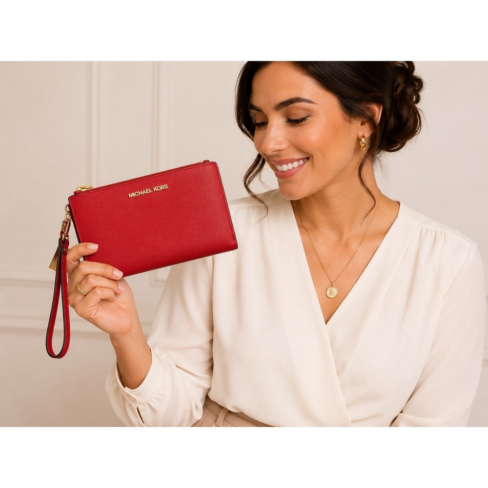 Michael Kors Jet Set Double Zip Wristlet Crimson Red Leather Wallet 32T7GAFW4L